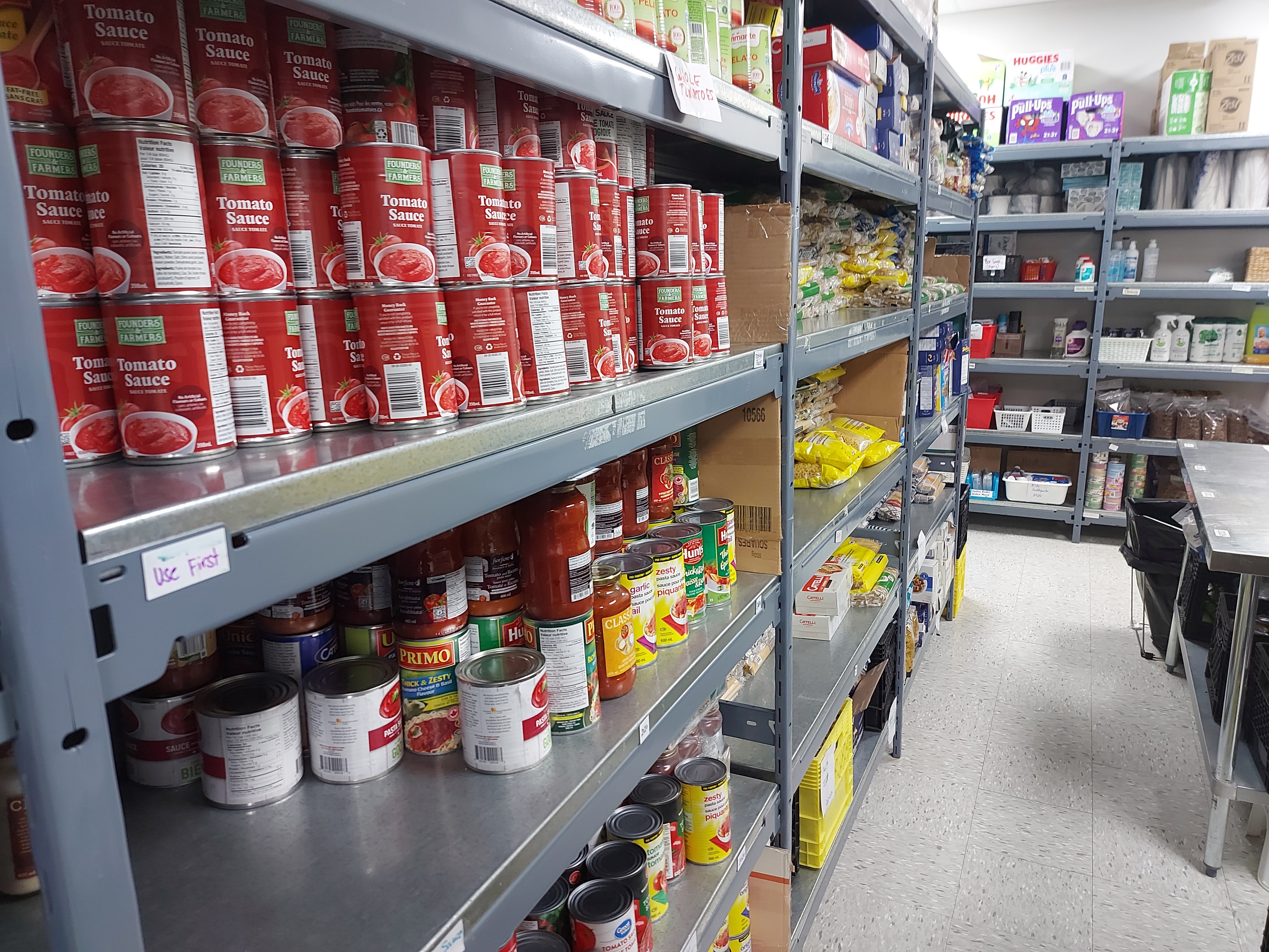 Canned food on shelves